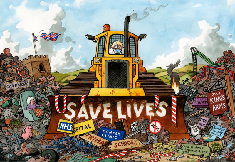 Cartoon of Boris Johnson driving a bulldozer through the economy